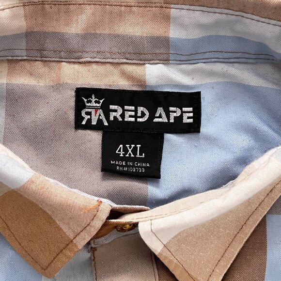 Red Ape Block Plaid SS Button Up Shirt Tan Blue Big & Tall Streetwear 4XL - Picture 3 of 9